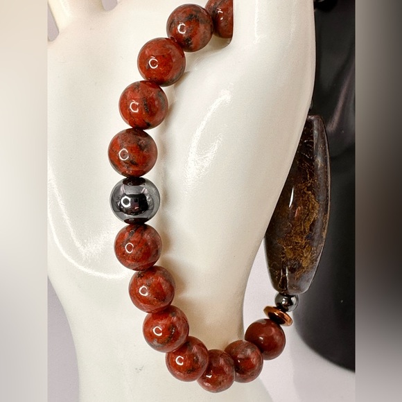 RED JASPER + OCEAN JASPER NATURAL STONES BRACELET size 7” - Picture 5 of 15